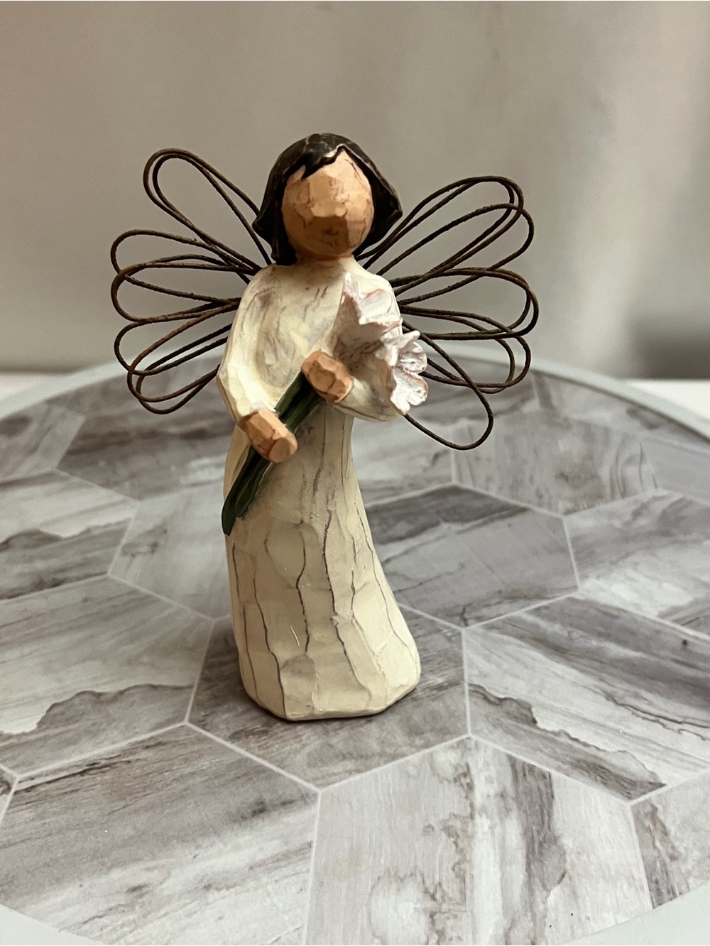 Demdaco Cream and Brown Angel Figurine with Wire Wings